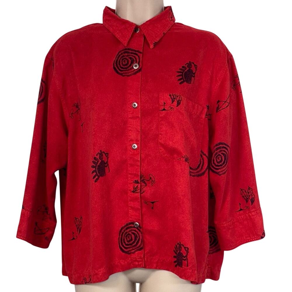 Vintage Chico's Suede Like Red 3/4 Sleeve Boxy Button Down Shirt Women’s Size‎ 2